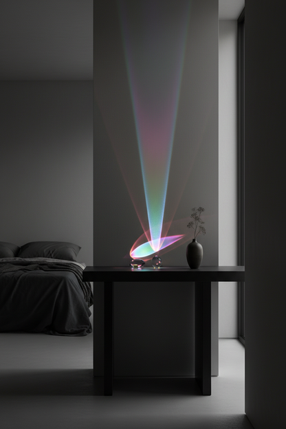 Angel Eye crystal prism projecting stunning rainbow light patterns across a dark wall