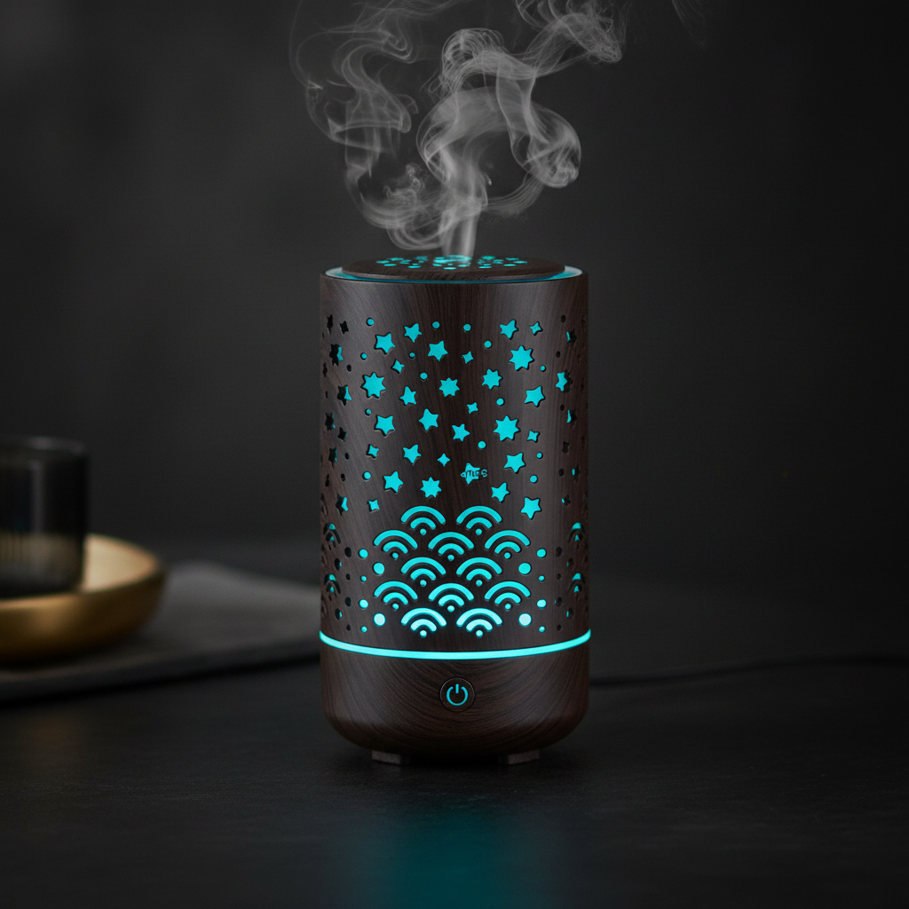 Wood Grain Starry Sky Aroma Diffuser – dark espresso wood with teal blue LED star and wave glow