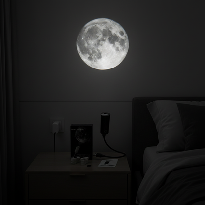 USB Galaxy Star Projector plugged into wall, projecting moon pattern on ceiling in dark bedroom