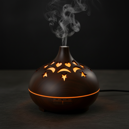 Wood Grain 122 Aroma Diffuser – dark espresso globe with heart moon star cut-out glow
