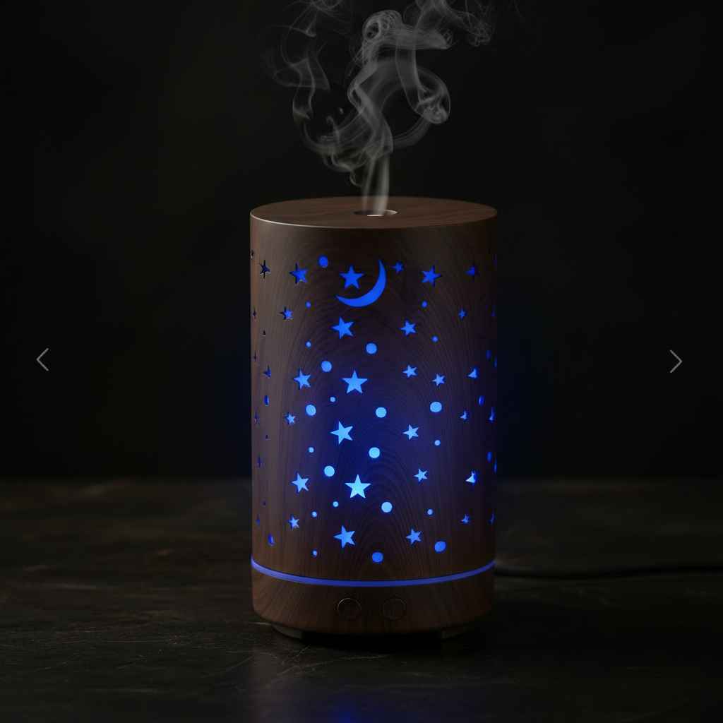Starry Sky Aroma Diffuser – dark wood grain with blue LED star and moon glow