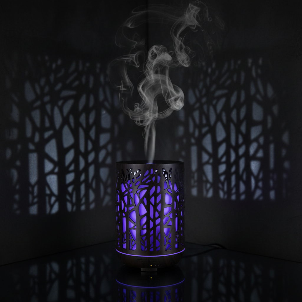 Dark Forest Branch Aroma Diffuser glowing blue-purple with hollow branch cut-outs casting shadows in moody dark room
